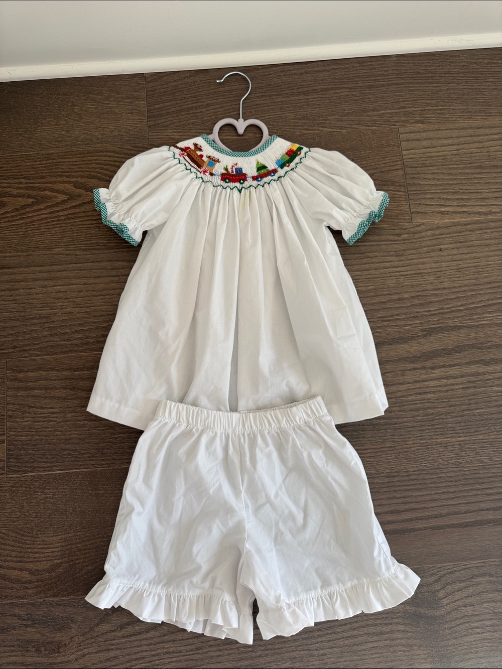 White Smocked Christmas Train Motif Kids Matching Set- Size 4